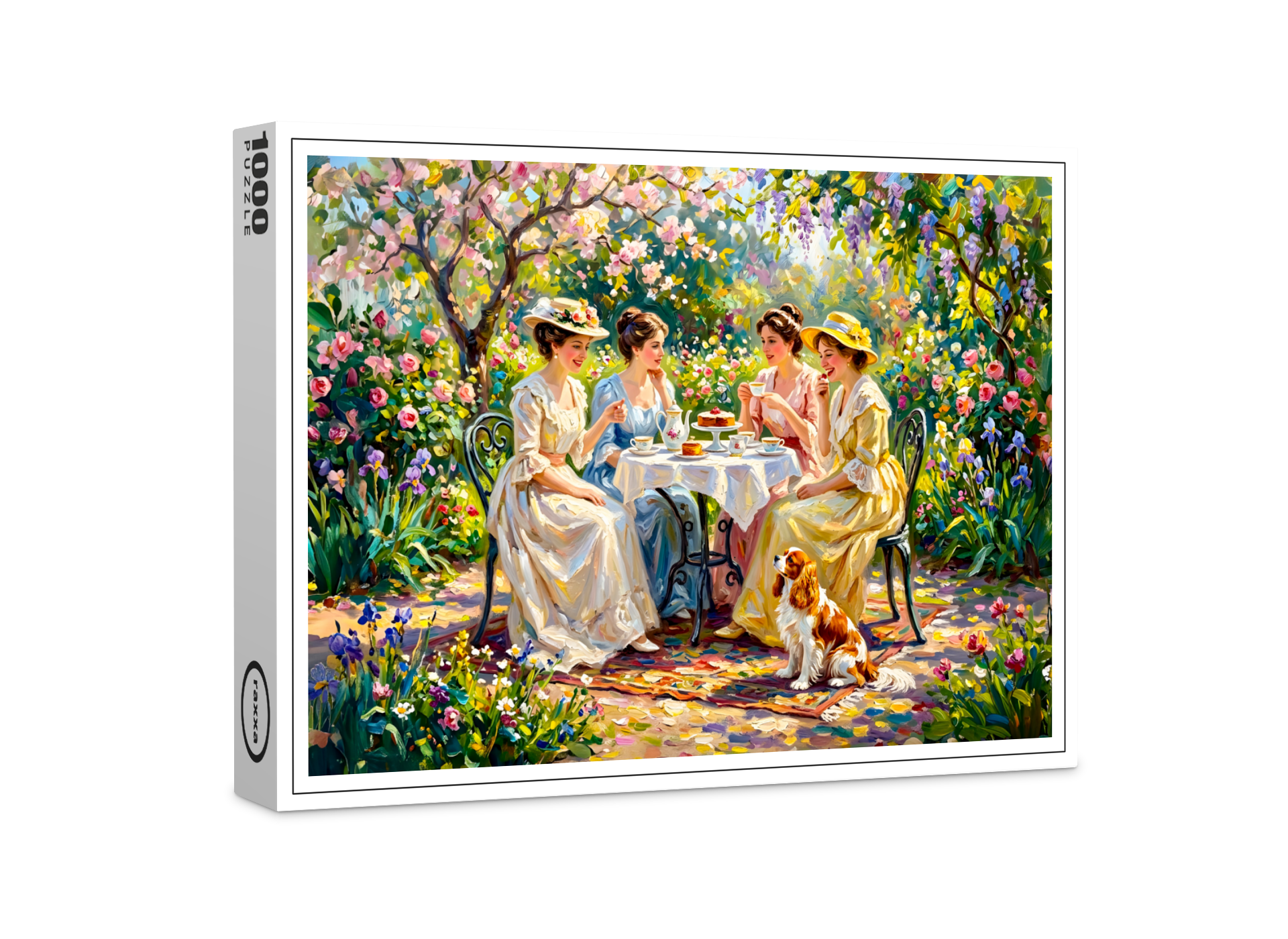 raxxa Premium-Puzzle: Ladies’ Garden Gathering with Cavalier Spaniel