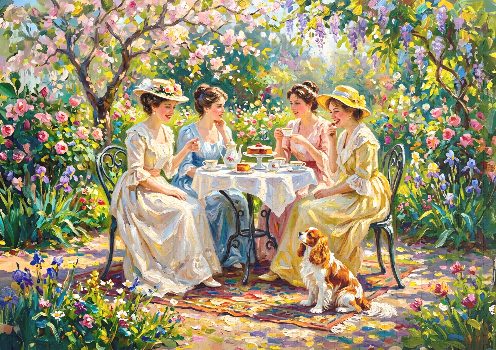 raxxa Premium-Puzzle: Ladies’ Garden Gathering with Cavalier Spaniel - Image 2