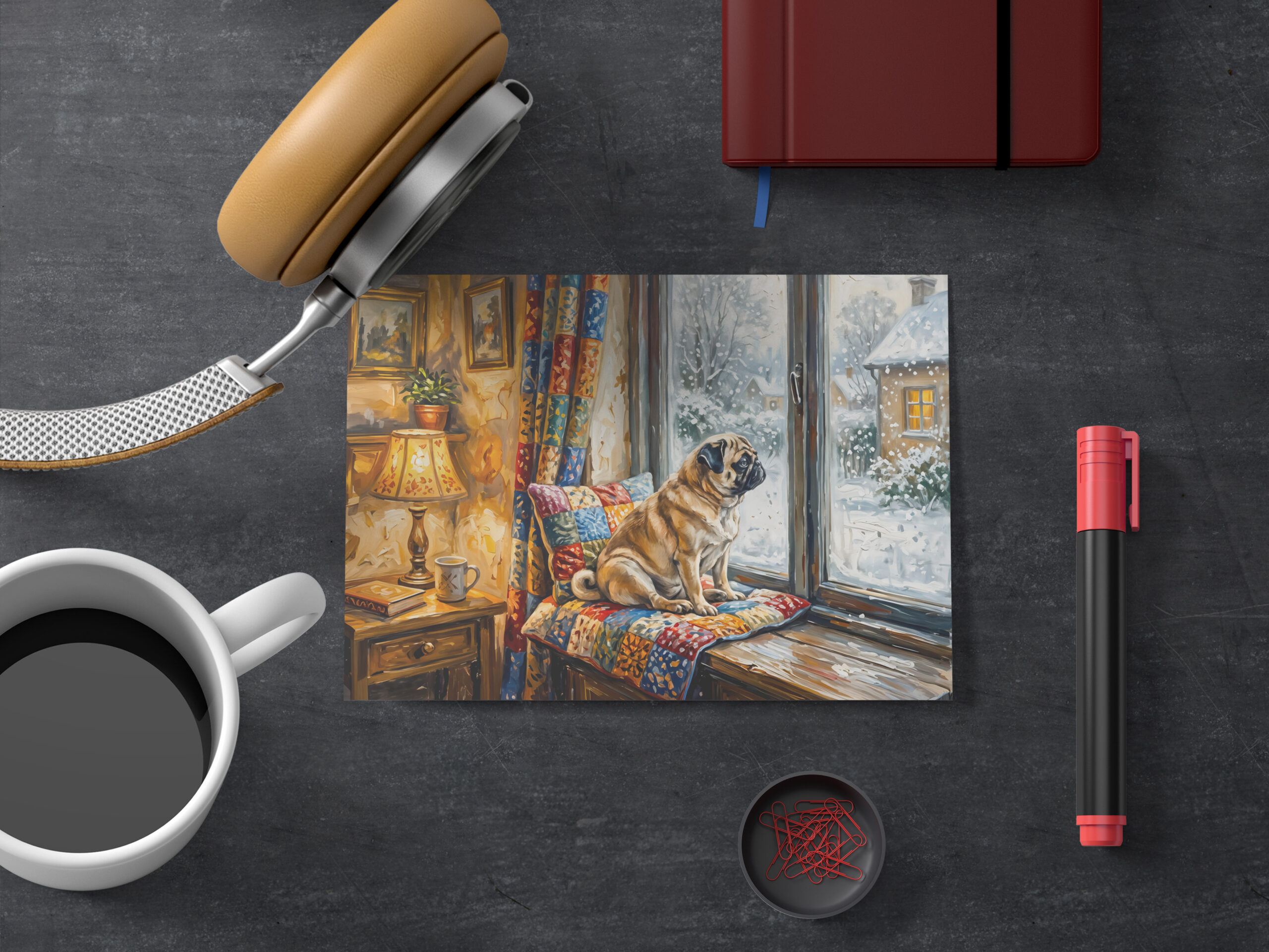 raxxa Postkarte: Whimsical Winter Window Seat Mops Illustration