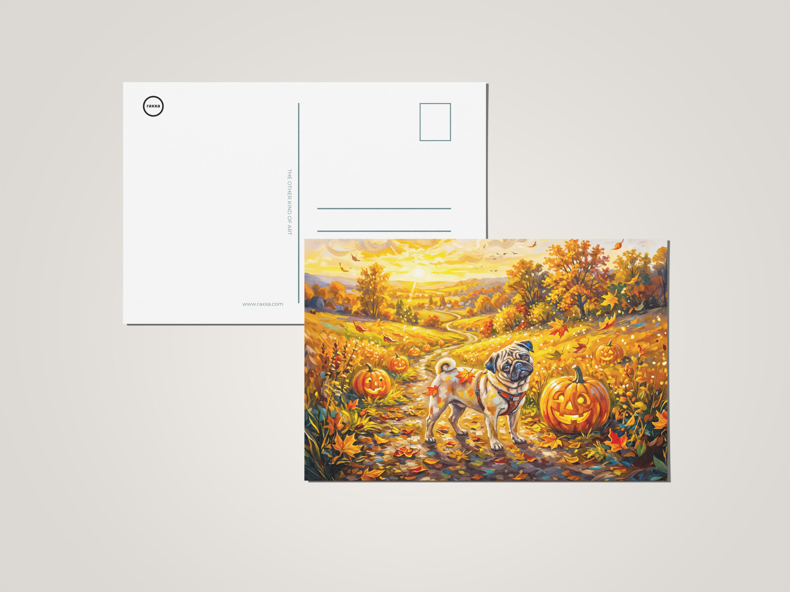 raxxa Postkarte: Whimsical Autumn Pumpkin Path Mops Illustration