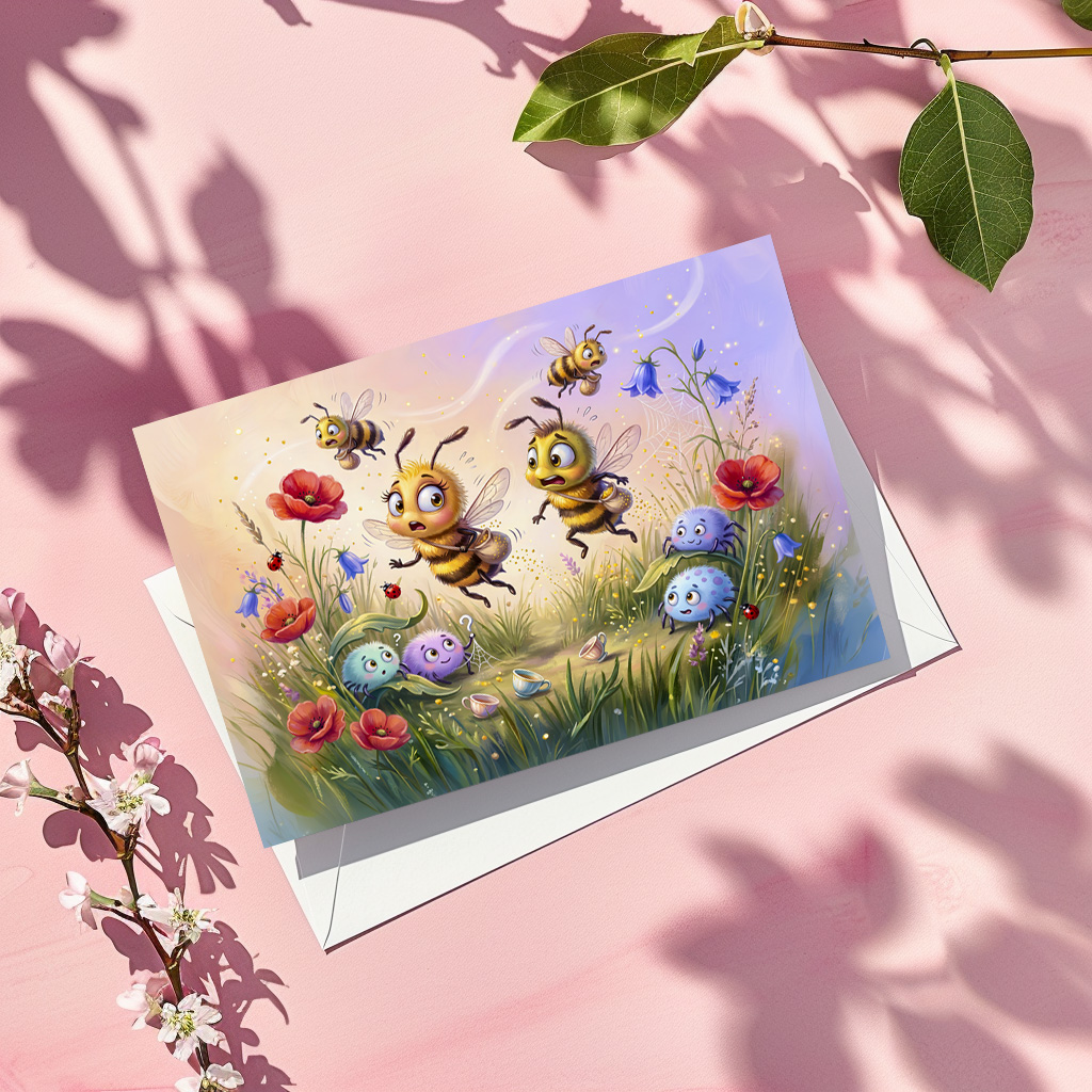 raxxa Postkarte: Bees avoiding spiderwebs while searching meadow pollen