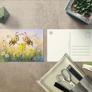 raxxa Postkarte: Two bees pollinating canola in comic illustration