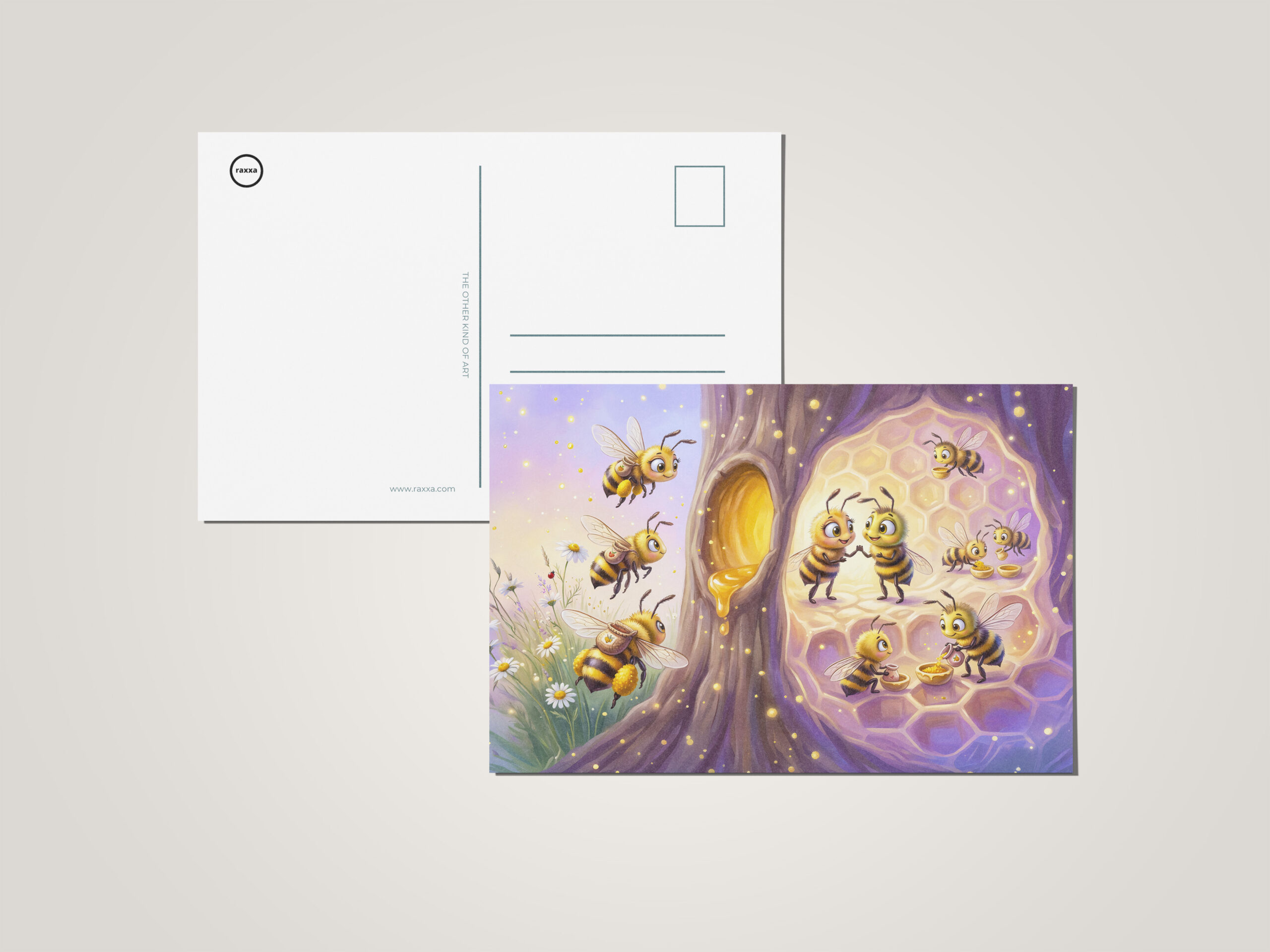 raxxa Postkarte: Two bees returning with pollen in comic illustration