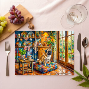 raxxa Premium-Tischset: Whimsical Cottage Kitchen Window Mops Illustration