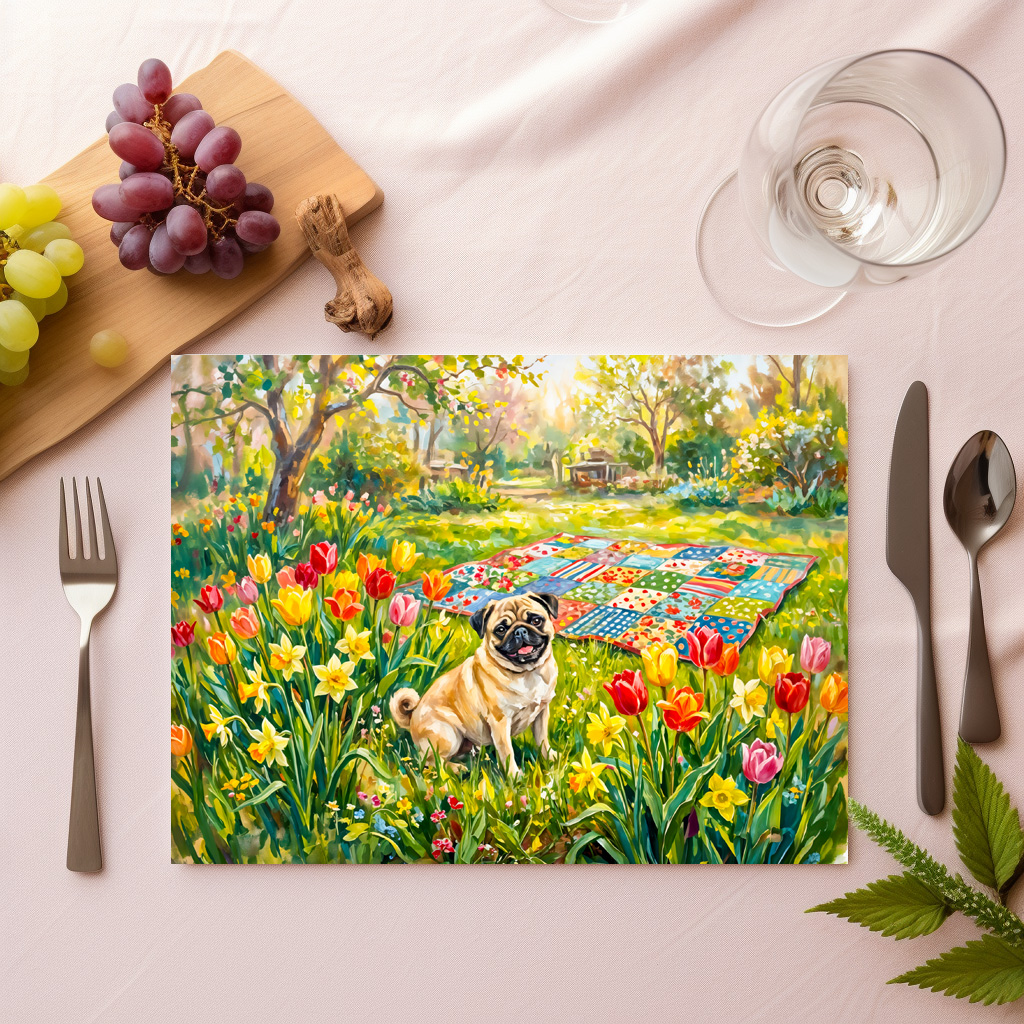 raxxa Premium-Tischset: Whimsical Spring Garden Mops Dog Illustration