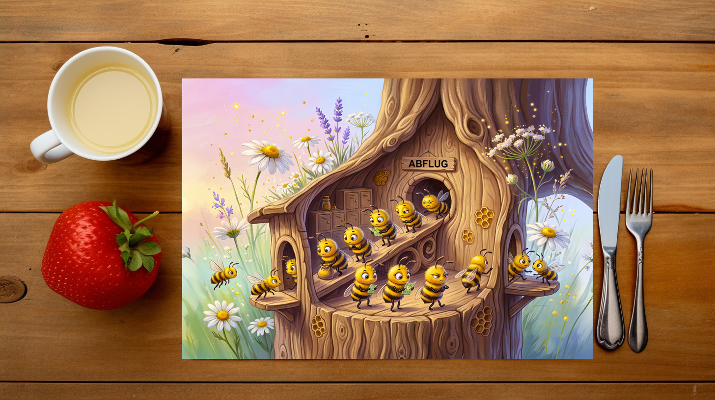 raxxa Premium-Tischset: Two bees preparing for cheerful comic departure - Imagen 3