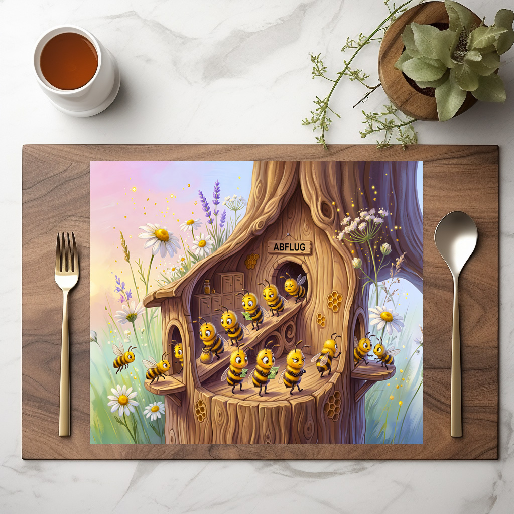 raxxa Premium-Tischset: Two bees preparing for cheerful comic departure