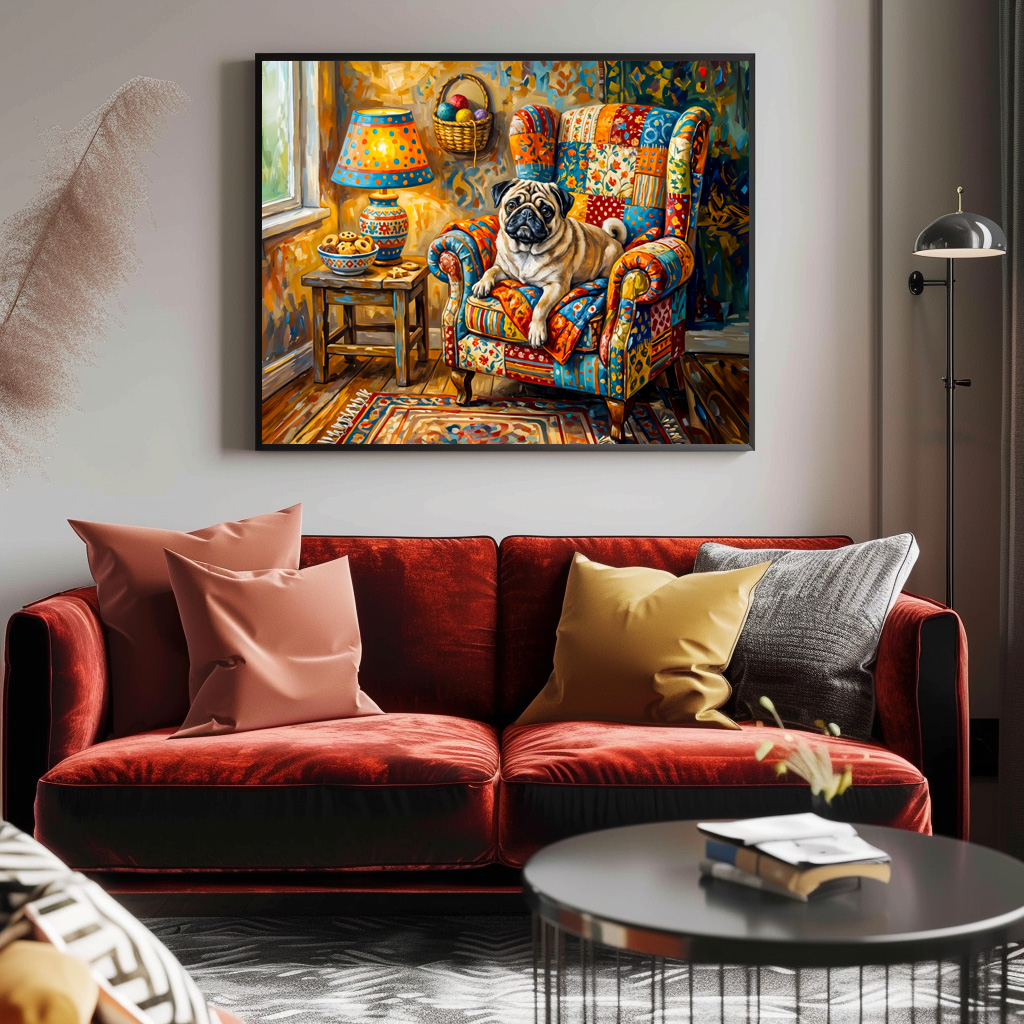 Poster: Whimsical Cottage Mops Dog Armchair Illustration - immagine 2