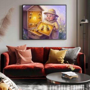 Poster: Beekeeper inspecting honeycombs in cheerful comic illustration