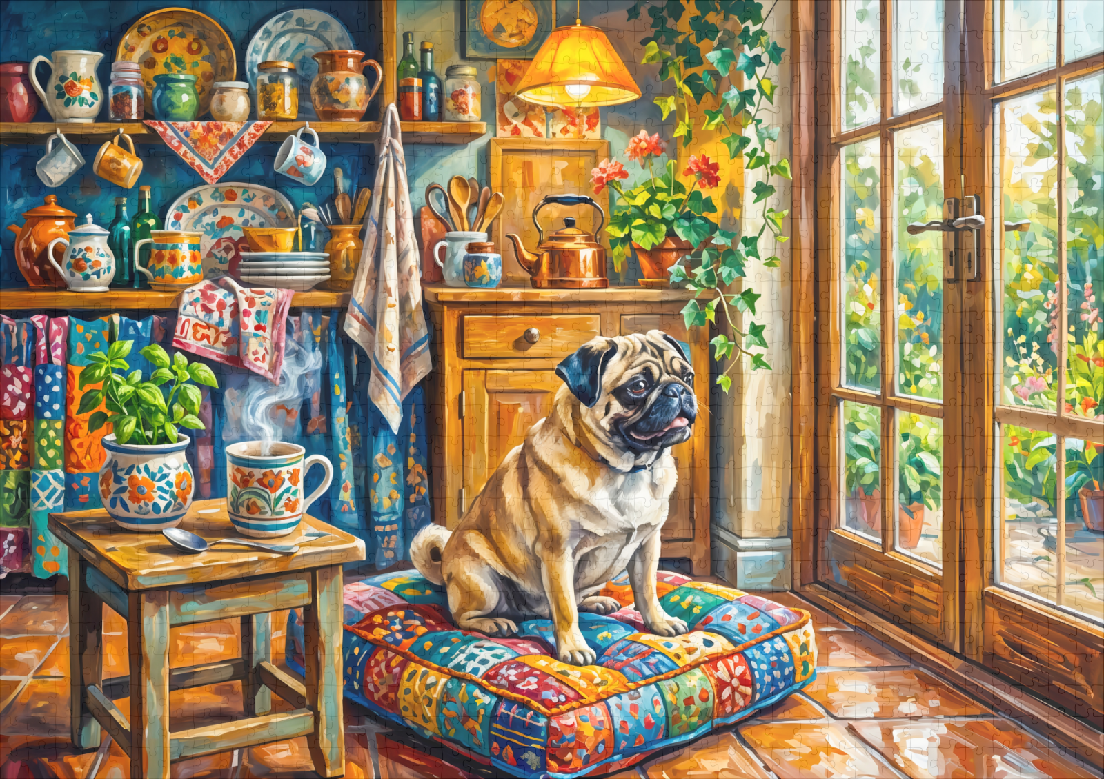 raxxa Premium-Puzzle: Whimsical Cottage Kitchen Window Mops Illustration – Image 2