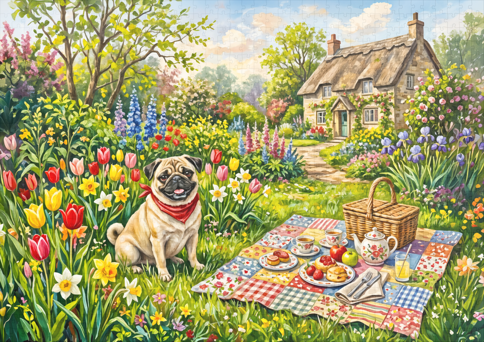 raxxa Premium-Puzzle: Whimsical Winter Forest Mops Dog Illustration - immagine 2