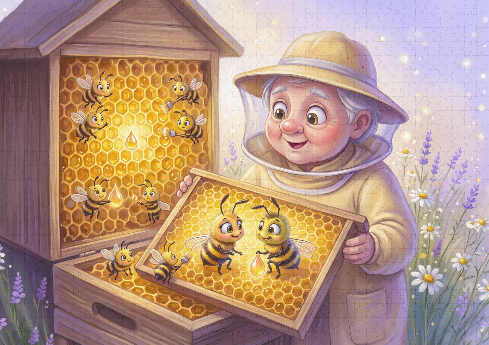 raxxa Premium-Puzzle: Beekeeper inspecting honeycombs in cheerful comic illustration - Imagen 2